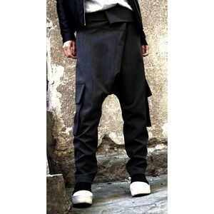 NWT Aakasha Wool Drop Crotch Harem Cargo Pants Asymmetric Waist Size M Dark Gray